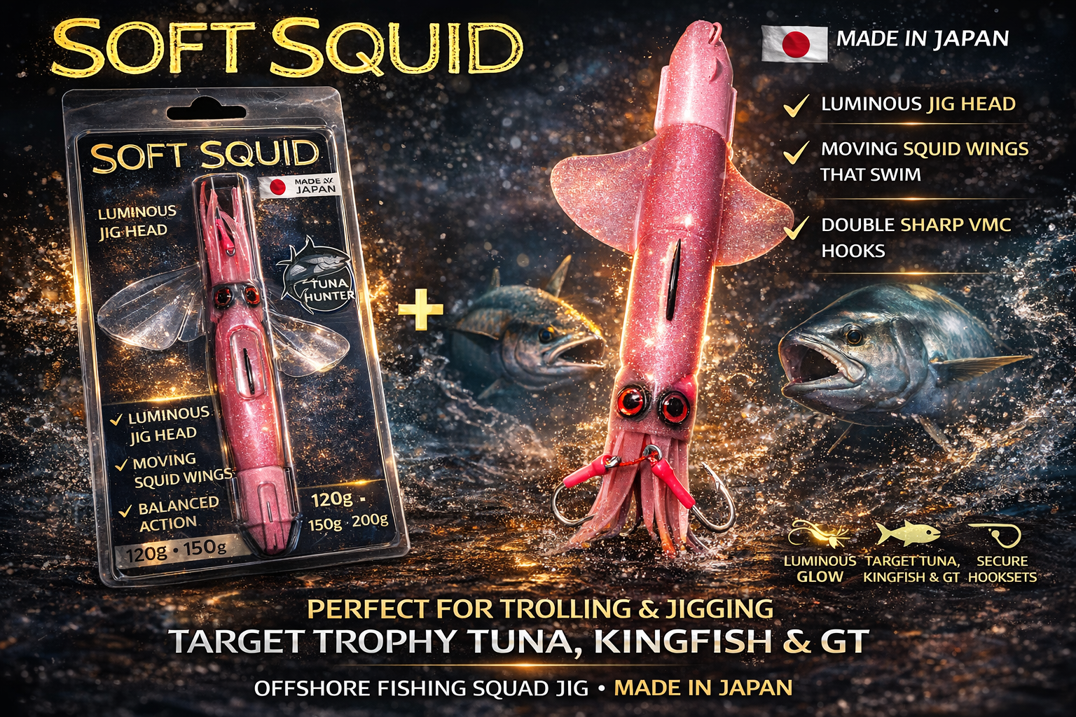 Soft Squid Offshore Jig – Luminous Squid Trolling & Jigging Lure (Made in Japan)
